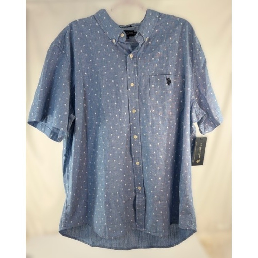 U.S. Polo Assn. Mens 2XL Light Blue Palm Tree Anchor Tropical Summer Woven Shirt